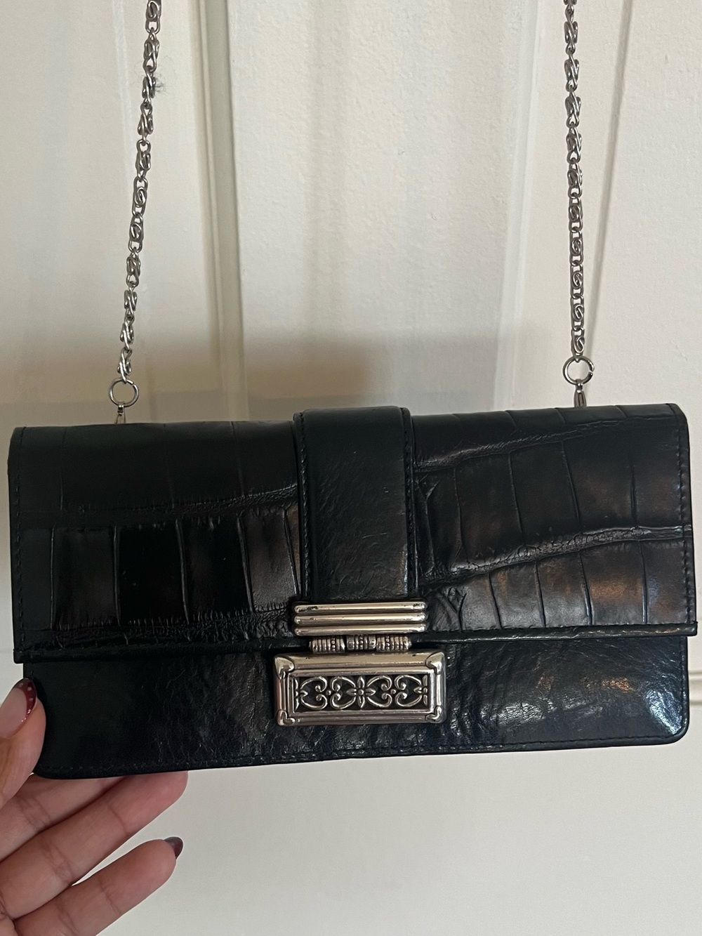Brighton Black Croc-Embossed Clutch with Silver Chain